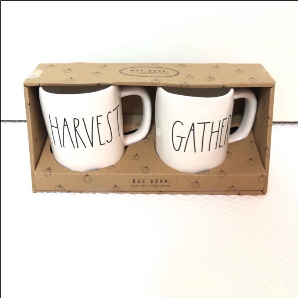 Rae Dunn Harvest Gather Coffee Mug Set White NWT